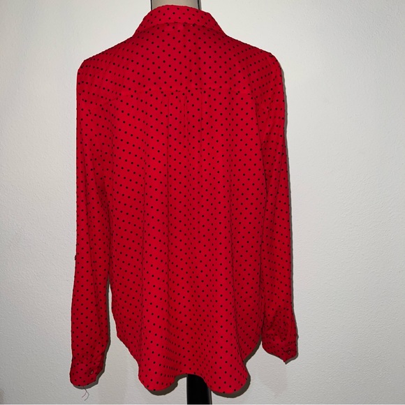 Long Sleeve Red Blouse with Black Polka Dots - Picture 2 of 6